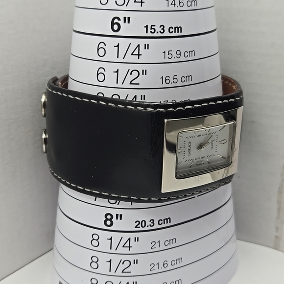 Womens Vintage Carriage Timex Black Leather Cuff Watch New Battery Silver Rare - Picture 6 of 11